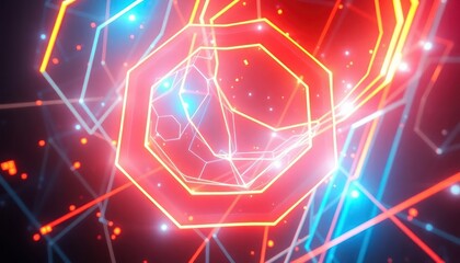 Dynamic abstract background featuring glowing red, blue, and orange geometric lines and hexagonal shapes, suggesting technology, data flow, or a futuristic portal.