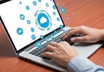 Hands typing on a laptop displaying a digital cloud network with interconnected icons and data flow