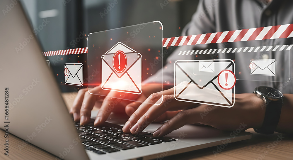 Poster person typing on laptop with email icons and warning signs overlaid on the screen display view ai ge