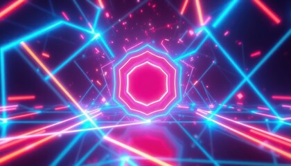 Vibrant neon lights illuminate a futuristic digital tunnel, creating an abstract, energetic backdrop for technology, data, or gaming concepts.