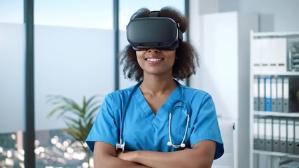 Smiling healthcare professional wearing virtual reality headset - Powered by Adobe