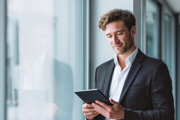 Modern entrepreneur reviewing updates on digital tablet near window. Confident businessman in dark blazer reading information with calm focused expression in quiet office