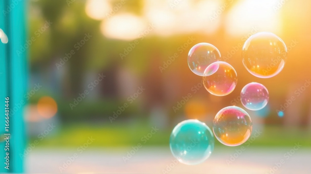 Poster bubbles floating in sunlight during a warm afternoon in a park setting