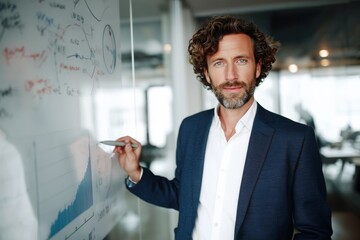 Fototapeta premium Visionary startup founder presenting strategy sketch on glass board. Confident male entrepreneur in suit sharing big picture plan during high-stakes team session in modern office