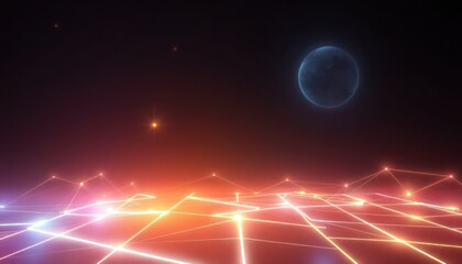 Abstract digital landscape with glowing lines forming a network grid under a space sky with a planet, symbolizing technology, connection, and futuristic concepts.