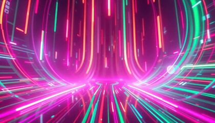 Dynamic abstract background with glowing neon light trails in a futuristic digital tunnel, representing data flow, technology, speed, and connectivity.