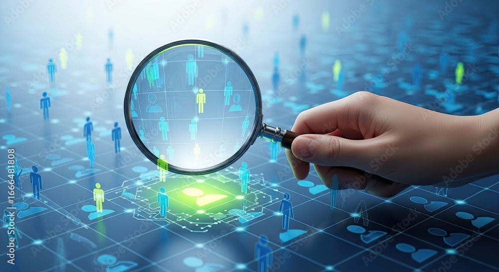 Poster hand holding magnifying glass examining glowing digital network connections and data points with bin