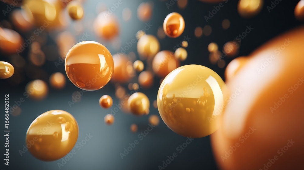 Poster glowing golden light orbs floating in dark space with soft merging shapes and copy space on left sid