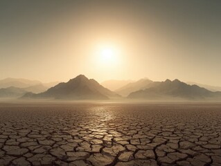 Fototapeta premium Cracked land, desert, mountain range, sunset, dryness, environment, climate issues