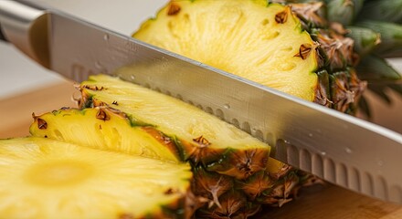Fresh Yellow Pineapple Being Sliced with Sharp Metal Knife