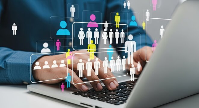 Close up of hands typing on a laptop with a digital network of diverse people icons overlayed