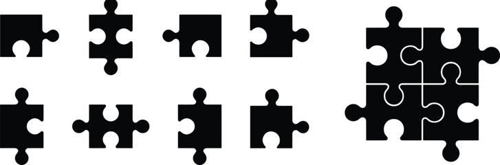 Puzzle pieces icon set, black silhouette, interlocking shapes, problem solving concept, completed puzzle grid, vector design, teamwork symbol, strategy