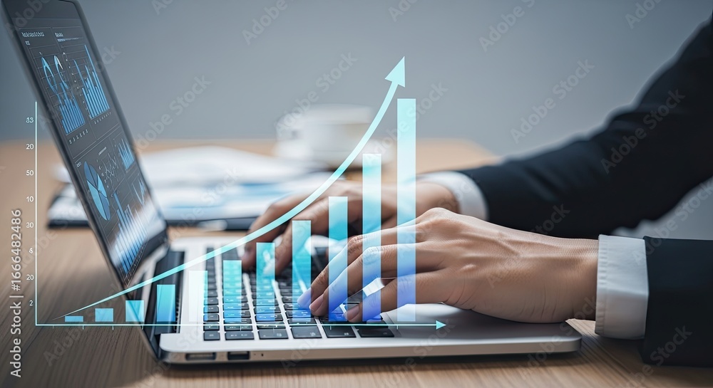 Poster businessman analyzing financial growth charts and data on a laptop computer in an office setting