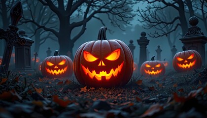 Spooky Halloween Pumpkins Glowing in a Dark Cemetery with Eerie Trees and Fog at Night