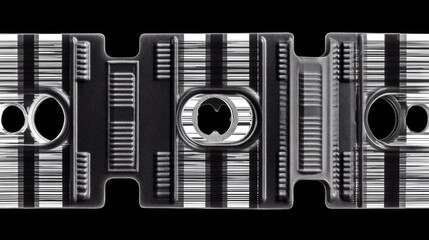 Black and gray patterned rectangular panel with grooves and holes