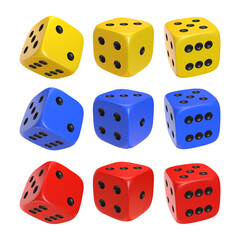 Red, blue and yellow photorealistic 3d cube for games. Dice icon in flight closeup isolated on white background. Vector illustration.