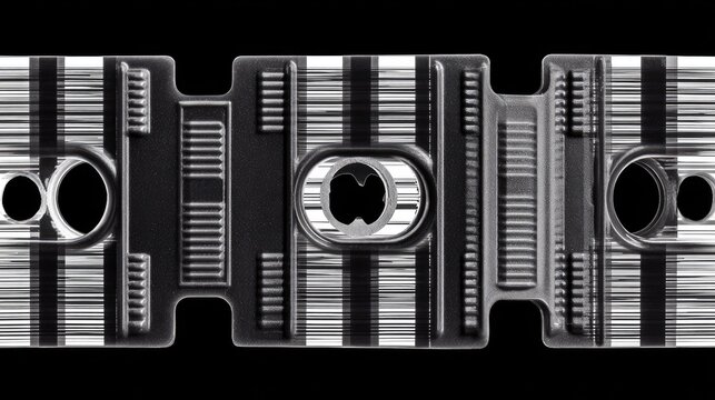 Black and gray patterned rectangular panel with grooves and holes