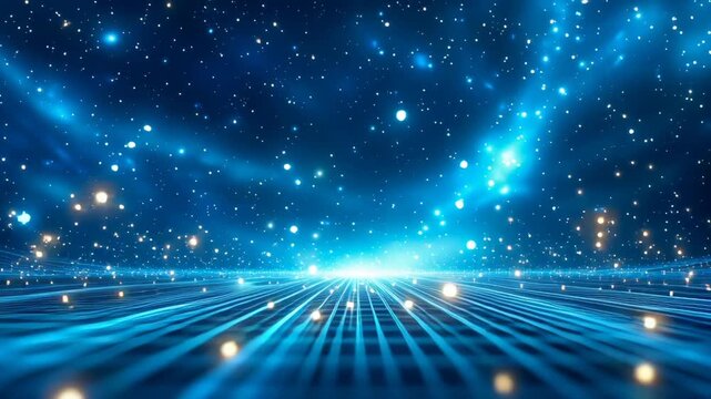 Abstract technological background with glowing blue grid perspective and sparkling particles representing digital network, data flow and connectivity. Dynamic perspective with converging light lines