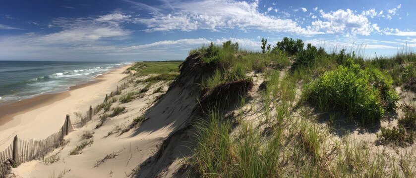 Scenic sandy dunes, seashore, and vegetation under cloudy skies. Coastal erosion