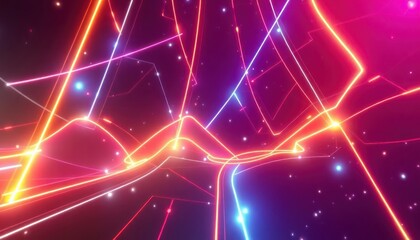 Abstract digital network with bright, flowing neon light trails and luminous particles, symbolizing data transfer and modern technology.