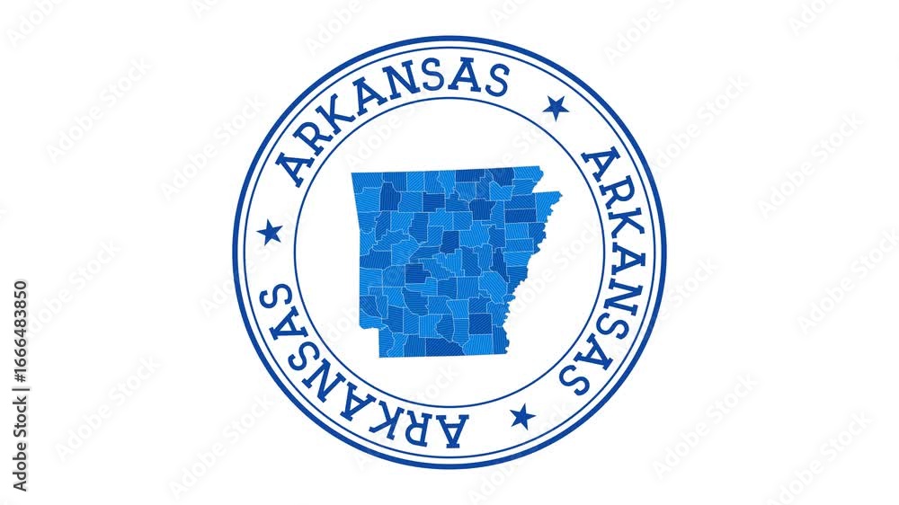 Poster arkansas intro. badge with the circular name and map of us state. arkansas round logo animation.