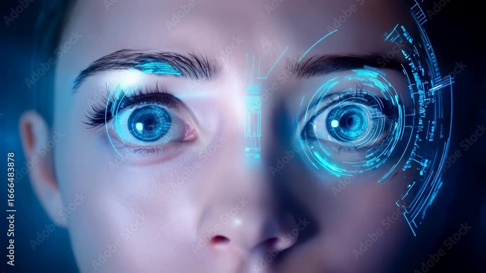 Aufkleber close-up of human eyes with advanced technological augmented reality interface overlay. blue digital