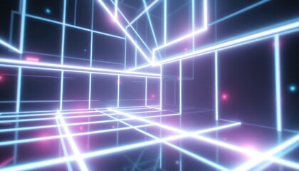 Abstract futuristic grid tunnel with glowing neon blue and pink lines, creating a vibrant digital cyberspace background. Ideal for technology, gaming, or sci-fi themes.