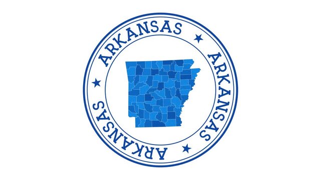 Arkansas intro. Badge with the circular name and map of us state. Arkansas round logo animation.