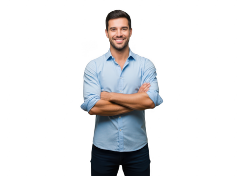 Smiling man with arms crossed isolated on transparent background