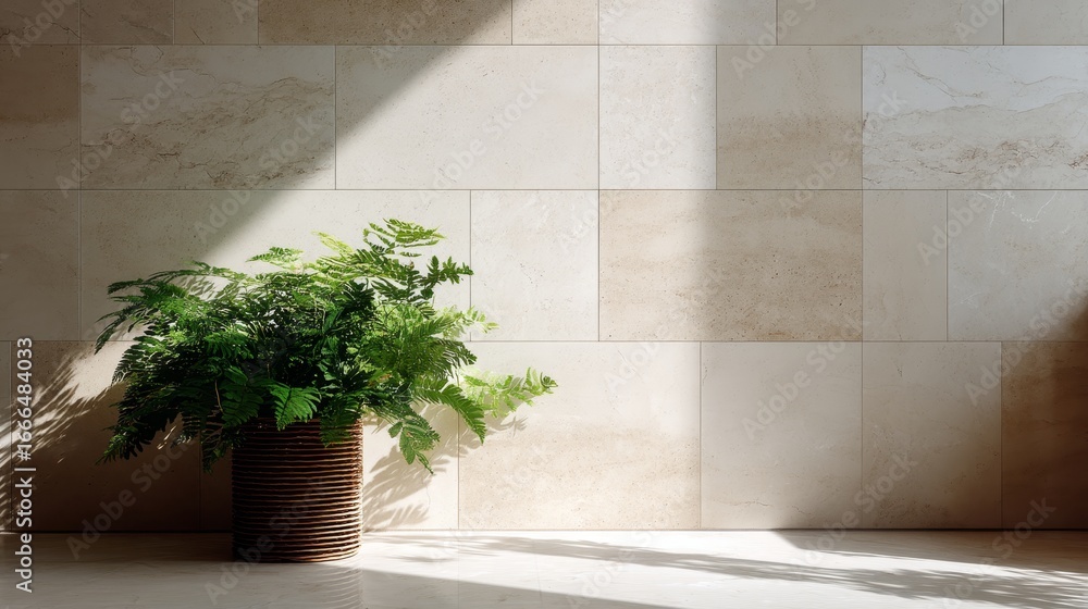 Poster Sidelit fern leaf shadows on textured beige wall creating intricate patterns with lush green plant in woven basket and open space for design or background use