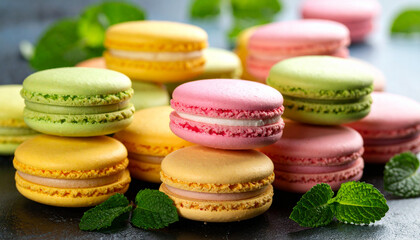 Fototapeta premium Colorful macarons with mint leaves, a delicious treat for everyone, Sweet macarons in pastel colors with fresh mint leaves