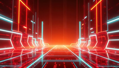 Futuristic digital tunnel with glowing red and blue neon lights, creating an abstract high-tech pathway. Ideal for concepts of data, innovation, speed, or virtual reality.