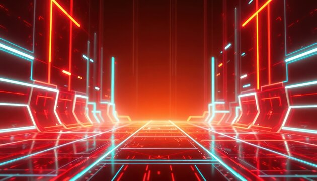 Futuristic digital tunnel with glowing red and blue neon lights, creating an abstract high-tech pathway. Ideal for concepts of data, innovation, speed, or virtual reality.