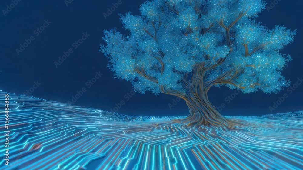 Poster digital tree: an ethereal digital tree against a cool-toned backdrop with a representation of data, 