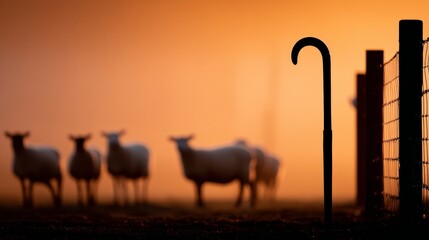 Silhouetted pastoral scene at dusk with wooden shepherd's crook, fence, and grazing sheep in warm amber background, evoking tranquility and rural life