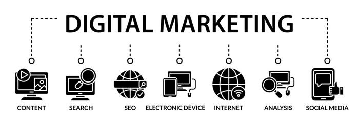 Vector Illustration concept of digital online marketing. Icons and symbols for content marketing, social media, viral, seo, website, keyword, advertise and internet marketing