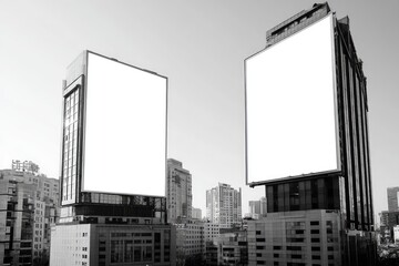 Black and white cityscape with large blank billboards on modern buildings