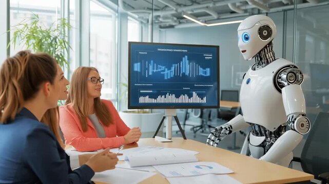 Humanoid robot presenting digital graph to two women during business meeting in contemporary glass office. Robot points to screen with data visualization while women listen attentively