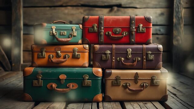 Stack of vintage colorful suitcases with leather straps and metal locks arranged on wooden floor against rustic wall creating retro charm