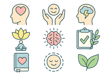 Mental health and wellness icon set. Psychology, self care, mindfulness, meditation and stress management concept. Brain, heart, yoga and emotion symbols. Vector line illustration.