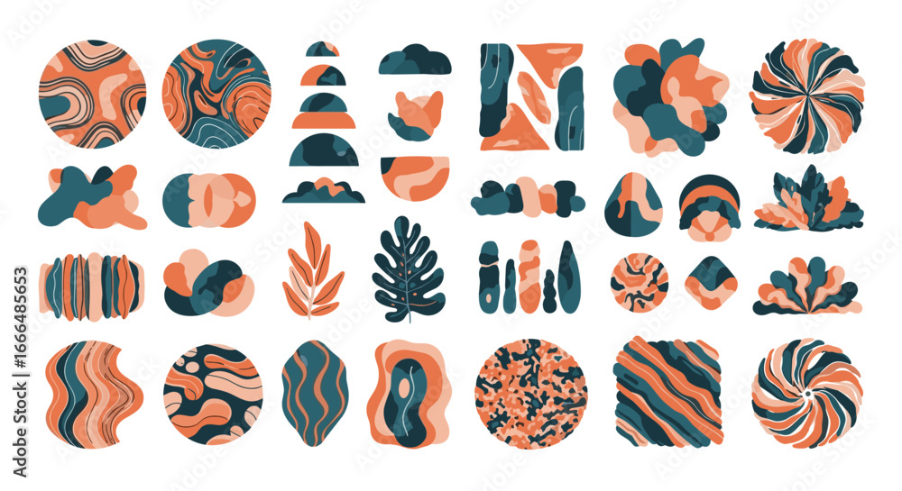 Aufkleber a collection of abstract shapes and patterns with orange and blue colors. the shapes include circles
