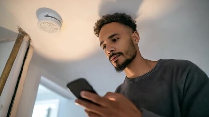 A man installing a smoke detector while receiving instructions on a smartphone