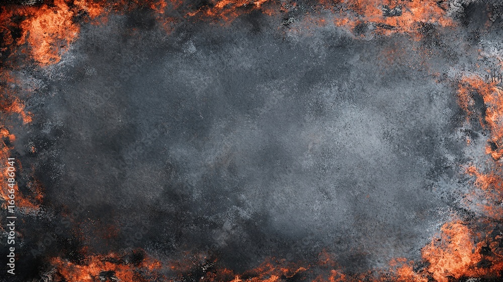 Poster a dark textured background with fiery orange and red edges, creating a dramatic and intense visual e