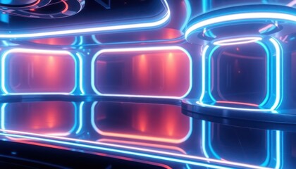 Vibrant futuristic interior with glowing blue and red neon lights. Sleek modern design, ideal for tech, innovation, virtual environments, or sci-fi.