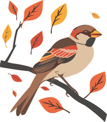 Sparrow Sitting on Autumn Branch Vector
