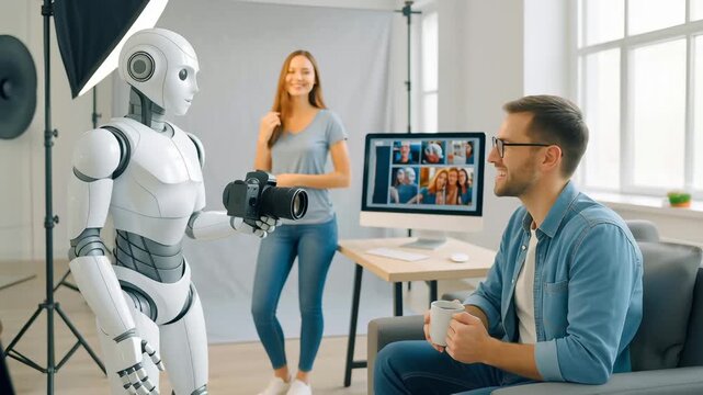 White humanoid robot holding professional camera, interacting with young man and woman in modern photography studio. Computer screen displays multiple photo thumbnails