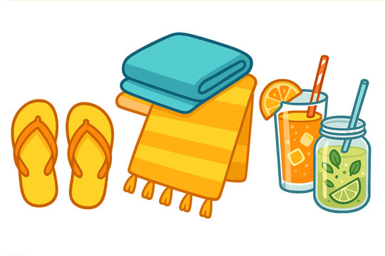 Beach vacation essentials set. Summer travel items collection. Vector cartoon icons of flip flops, towels, orange juice and mojito. Holiday and relaxation concept graphic.