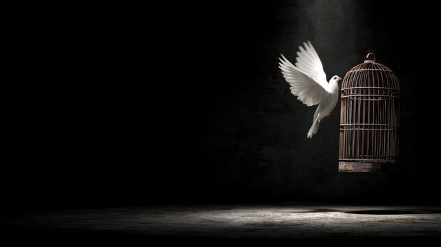 White dove is flying out of open birdcage, symbolizing freedom and hope. dark background enhances contrast, creating dramatic and emotional scene
