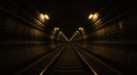 Obraz premium Subway Tunnel Vision Tracks Vanish Into Infinity with Lit by Glowing Lights.