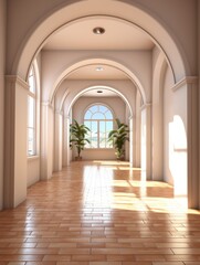 A long hallway with arched doorways and windows leading to a bright room with plants inside it